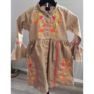 Pepperland by Beechtree Girls Embroidered Tunic Dress Boho Floral Tan Size 7-8Y